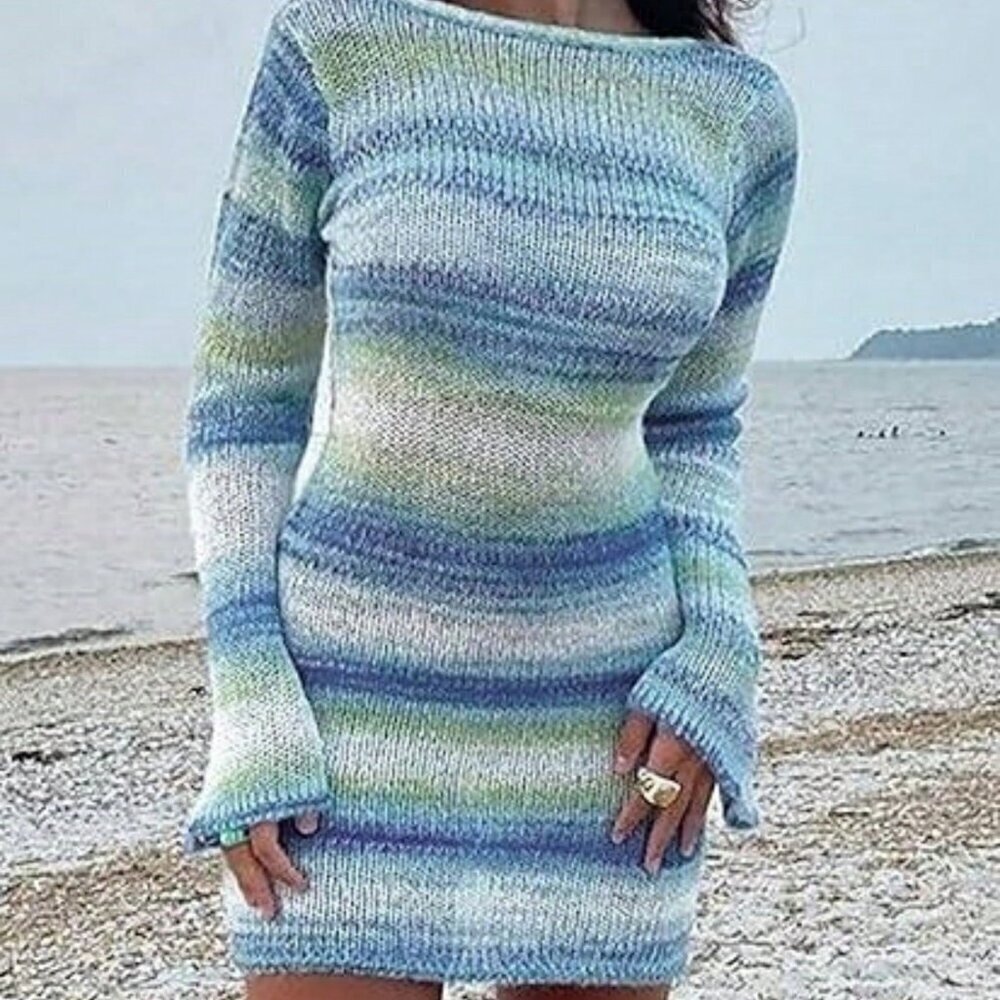 Blue Casual Women's Backless Long Sleeve Knitted Sweater Dress